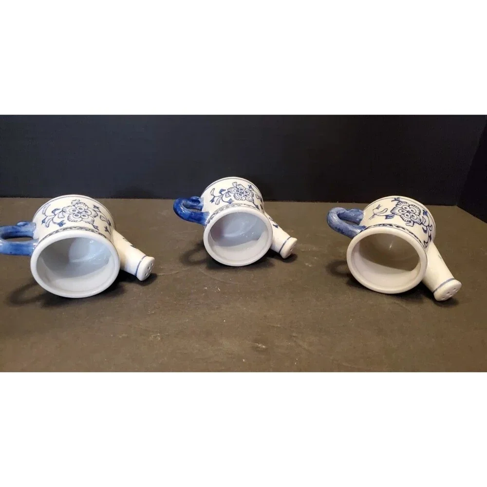Hermitage Pottery Sprinkling Cans Pots W/ Spout, Handle Floral Blue 2.5” 3pk Vtg